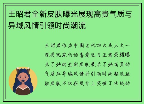 王昭君全新皮肤曝光展现高贵气质与异域风情引领时尚潮流